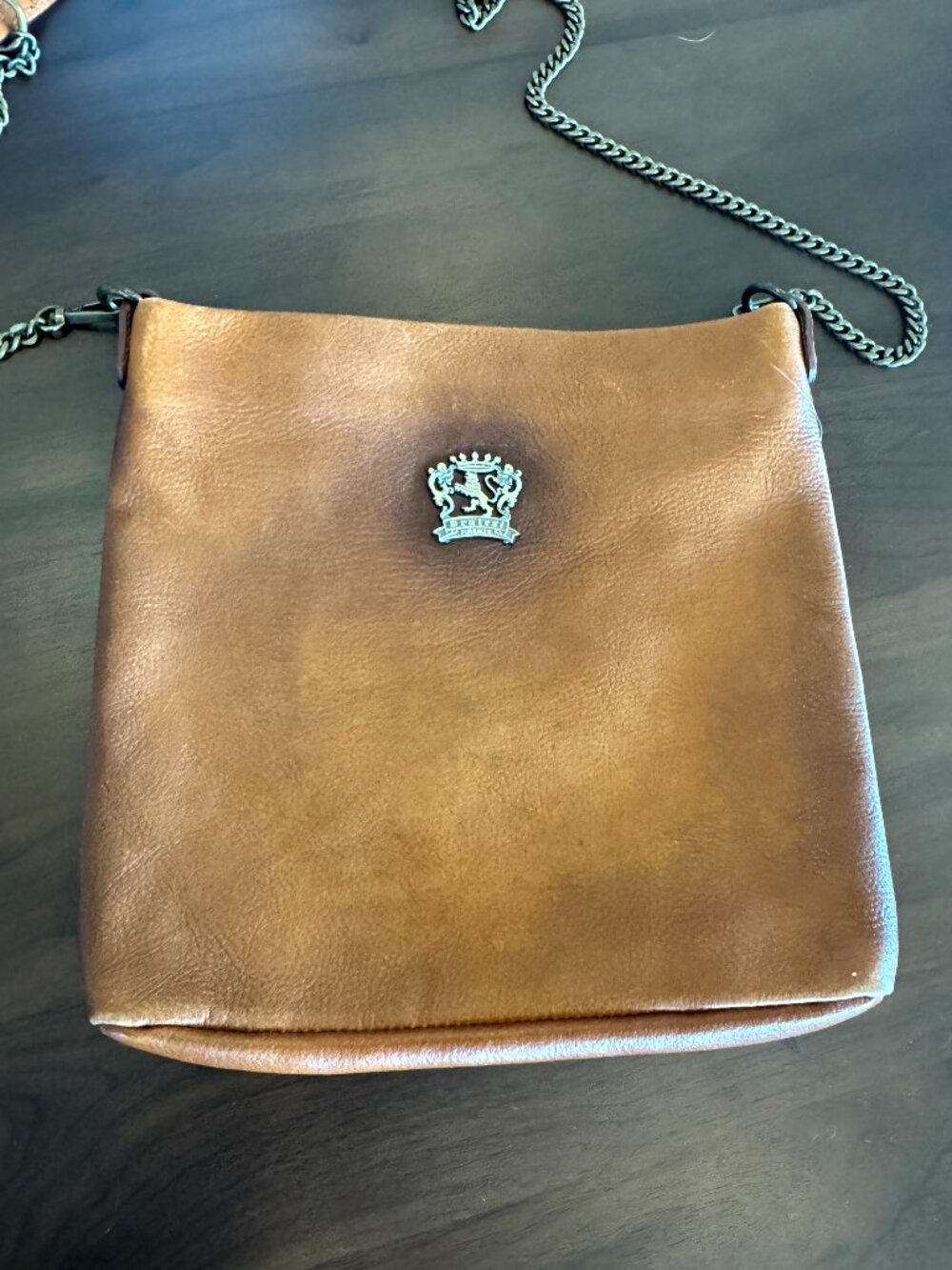 Pratesi Firenze Crossbody Bag Cognac Italian Leather Medium Crest Chain Strap